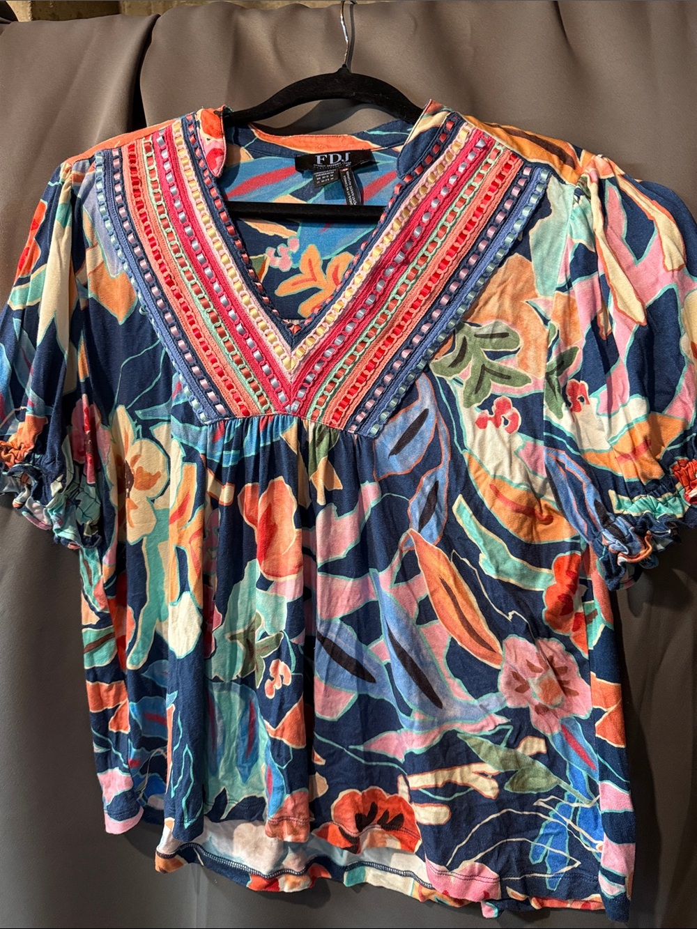 EDJ Navy Floral Embroidered V-Neck Tunic Top